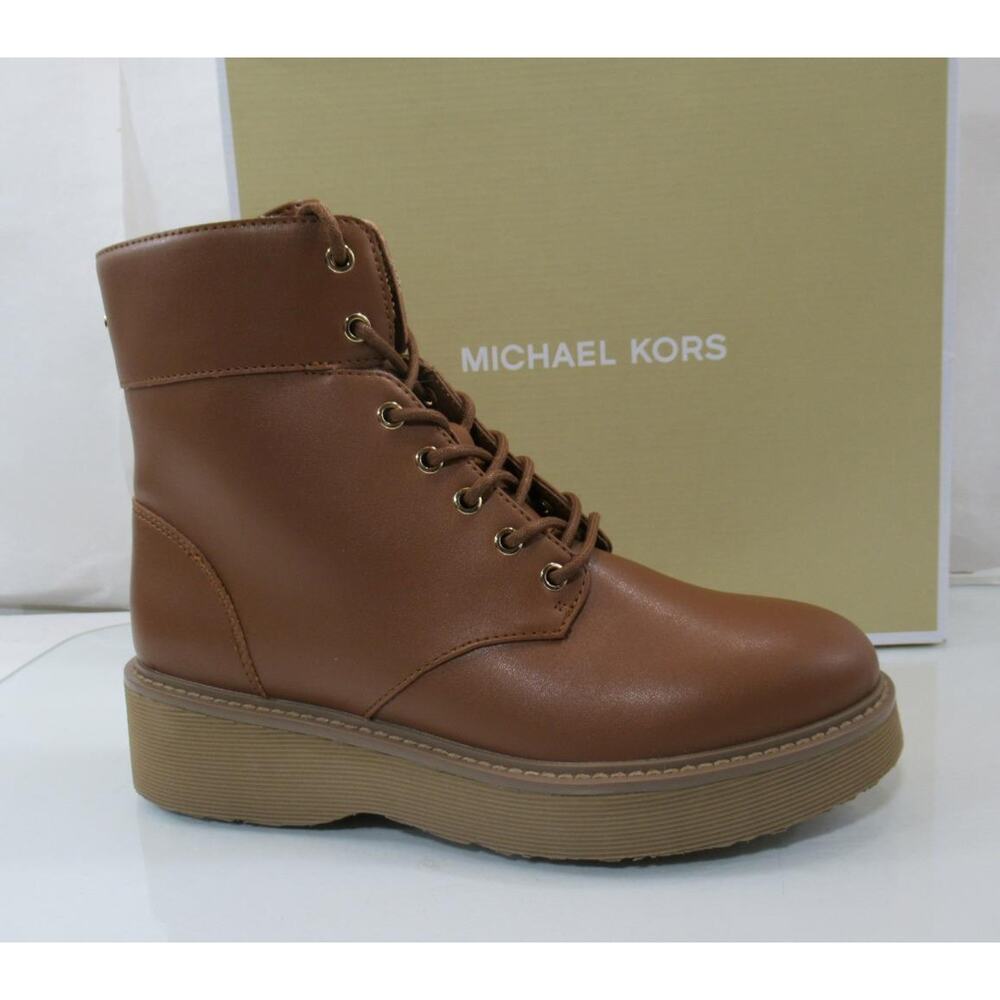 Michael Kors Aniya Lug Bootie Side Zip Lace Up Combat Boots Luggage Size 8